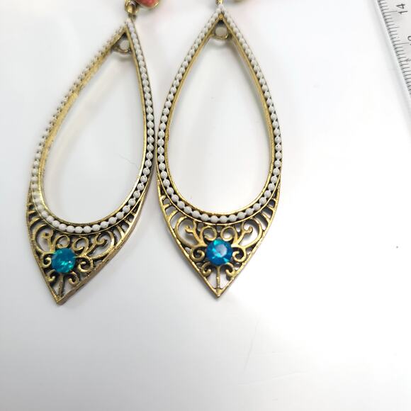 Vintage Teardrop Dangle Earrings with Coral and Turquoise Accents Boho Jewelry - Picture 2 of 10